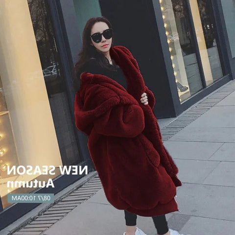 Oversized Faux Fur Parka Women Long Warm Vegan Fur Hooded Winter Casual Outerwear Fashion