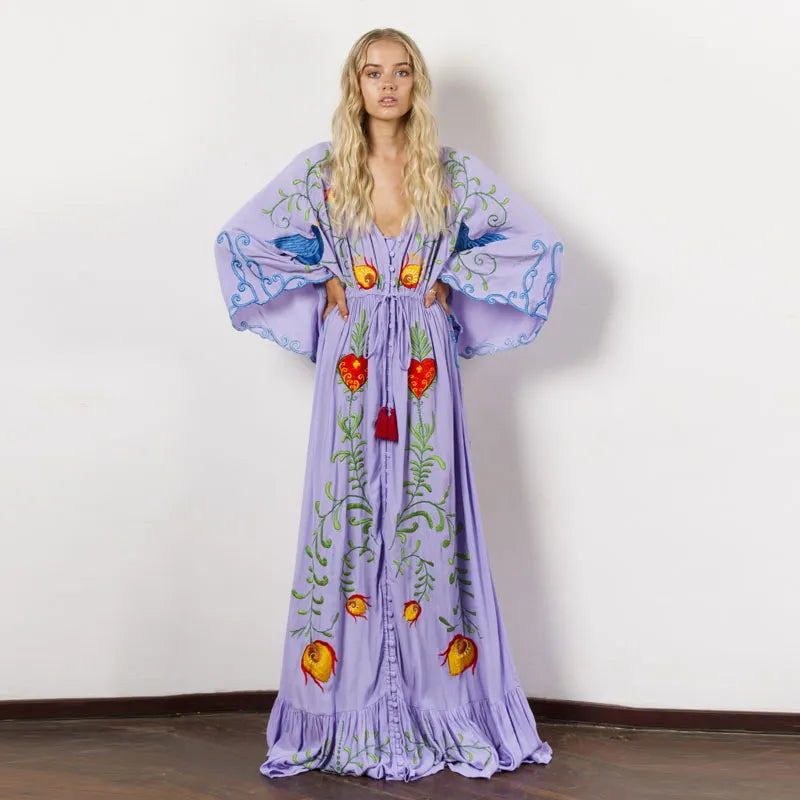 Summer Bohemian Dress Floral Embroidery with Tassel Vintage Maxi Dress