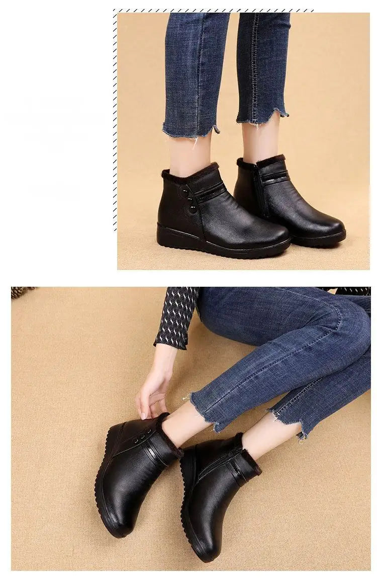 Women's Fashion Winter Boots Faux Leather Warm Ankle Boots Plush Wedge Boots with Warm Plush Lining