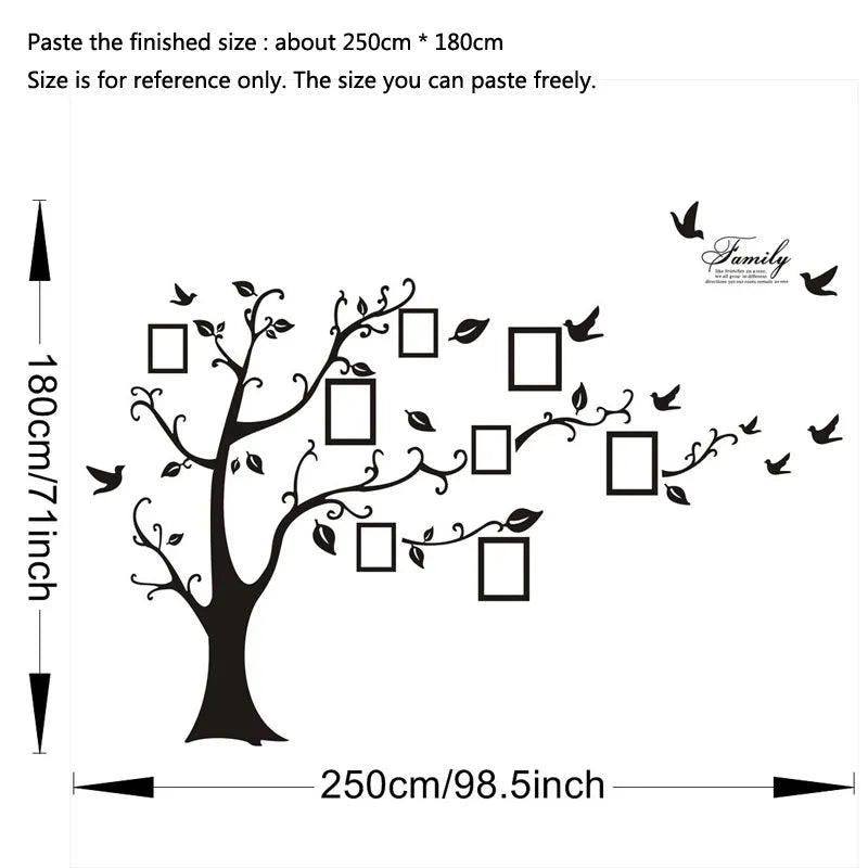 Large 250x180cm/99x71 inch Black 3D DIY Photo Tree PVC Wall Decals/Adhesive Family Wall Stickers Mural Art Home Decor