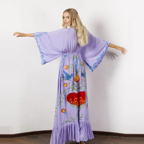 Maxi Dress Women Summer Bohemian Floral Embroidery Tassel Vintage Casual Beach Party Dress