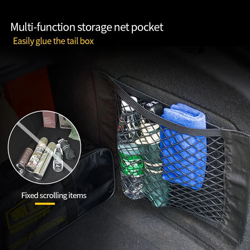 Multi-function storage net pocket in a car trunk with various items.