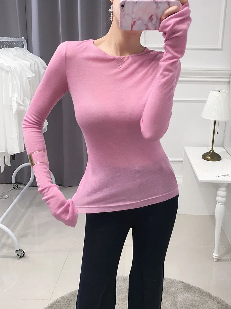 Sexy Thin Knit Sweater for Women Long Sleeve T-Shirt Slim Minimalist Stretchy Blouse Pullover Top