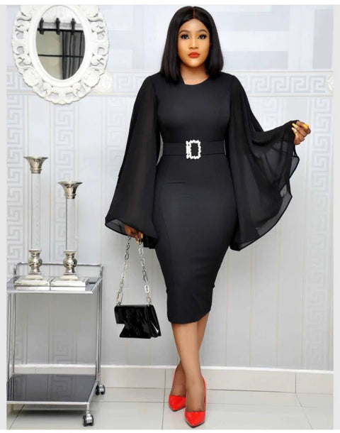 Midi Dress Women Elegant Chiffon Flare Sleeve Bodycon Belt Evening Cocktail Party Dress