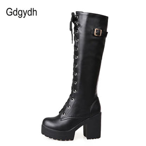 Women's Gothic Lace Knee High Boots Fashion Faux Leather Boots