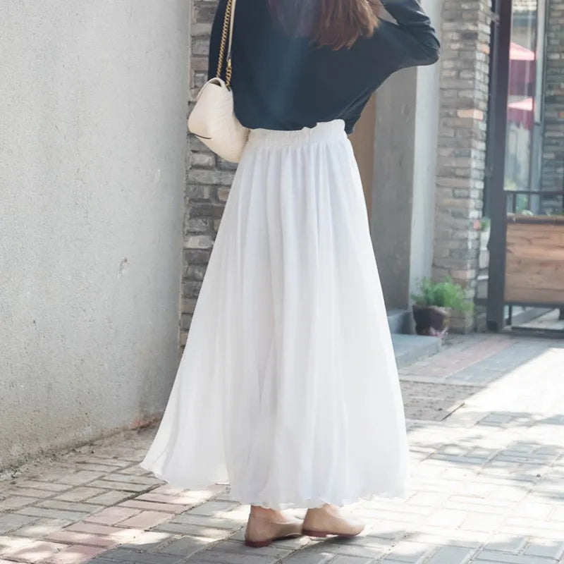 Women's Boho 3-Layer Chiffon Long Skirt High Waist Non-Transparent Maxi Skirts