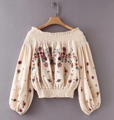 Off Shoulder Floral Embroidery Boho Blouse Women Casual Elegant Spring Summer Fashion Top