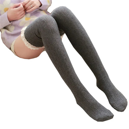 Thigh High Over The Knee Stockings Fashion Lace Knee Socks Cotton Warm Long Stocking Knit Lace