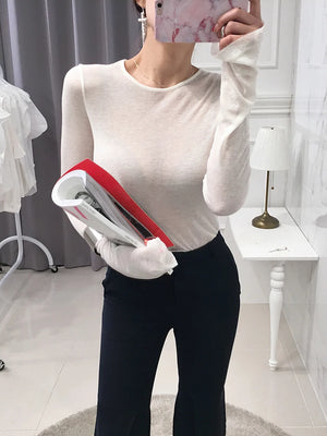 Sexy Thin Knit Sweater for Women Long Sleeve T-Shirt Slim Minimalist Stretchy Blouse Pullover Top