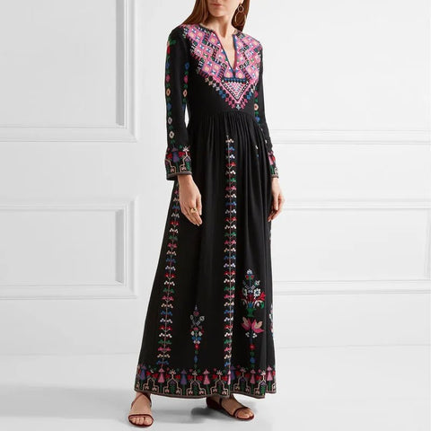 Maxi Dress Women Bohemian Embroidered Pattern V-Neck Holiday Travel Beach Casual Summer Dress