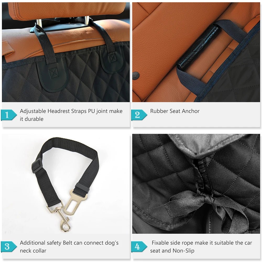 Car seat cover with adjustable headrest straps, rubber seat anchor, safety belt, and fixable side rope.
