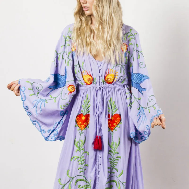 Summer Bohemian Dress Floral Embroidery with Tassel Vintage Maxi Dress