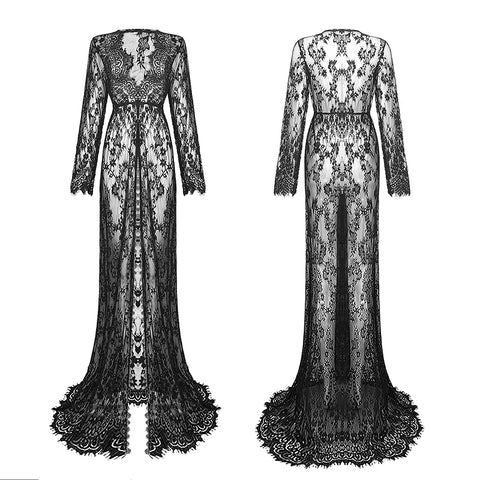 Maxi Dress Women Long Lace Front Split Sheer Transparent Ball Gown Prom Photography Party Dress