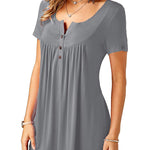 Women's Casual Short Sleeve Long Loose T-Shirts Buttons Pleated Tunic V-Neck Loose Tops