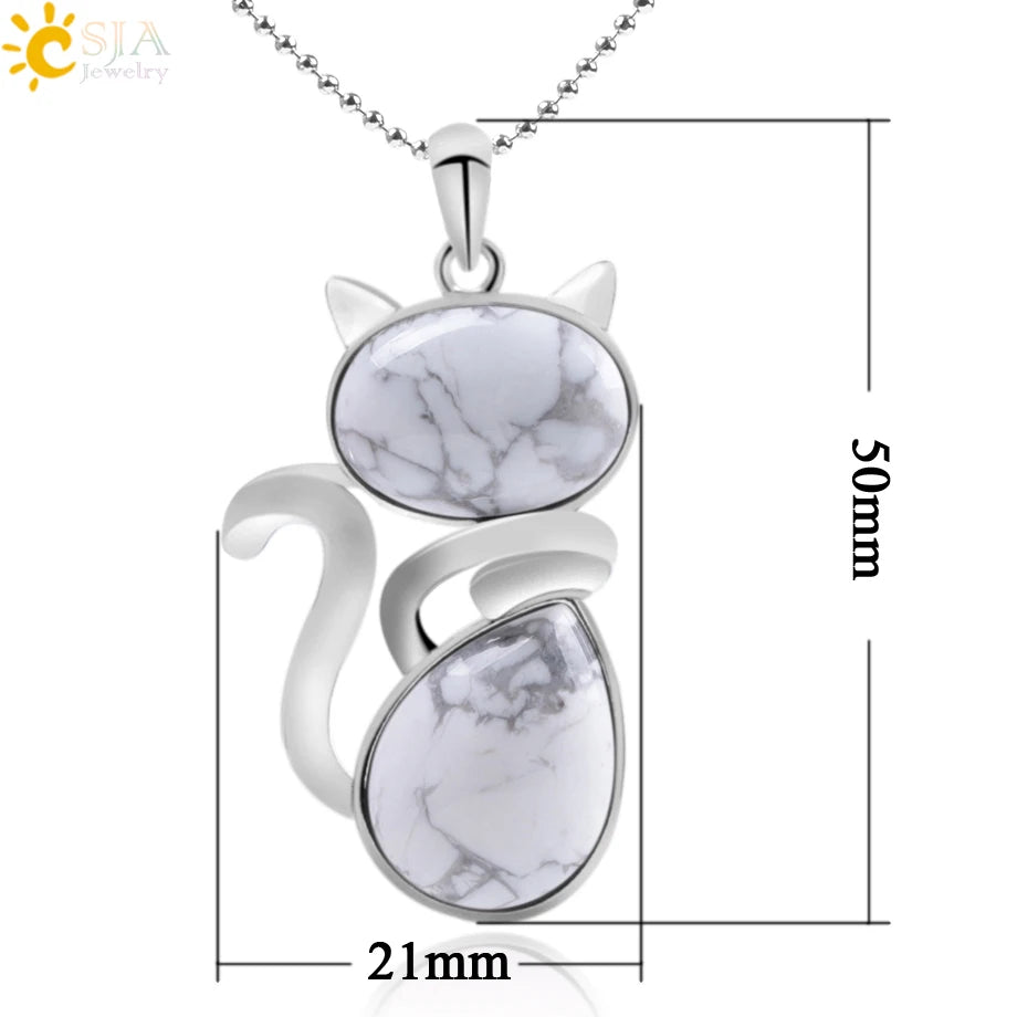 Natural Stone Necklaces Pink Quartz Pendants for Women Girl Cute Cat Shape Rock Black Onyx Beads Chain Jewelry