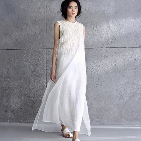 Maxi Dress Women Embroidered Organza Tank Cotton Linen Vintage Sundress Beach Casual Summer Dress