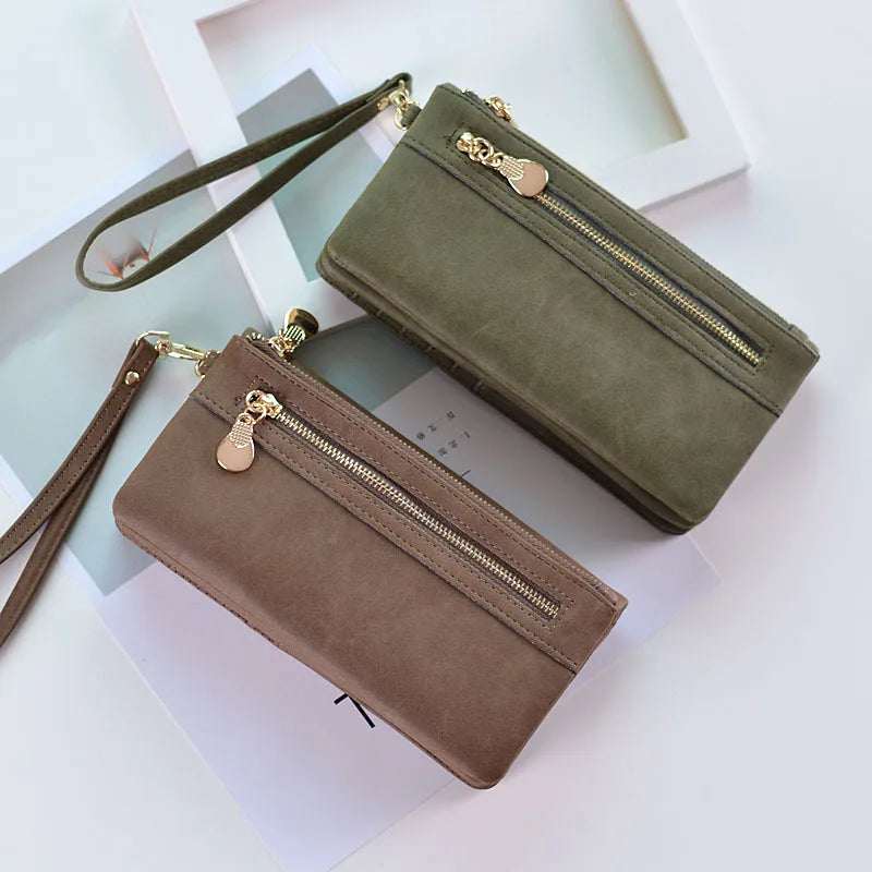 PU Leather Long Matte Wallet Vintage Solid Coin Purse Luxury Double Zipper Clutch Bag ID Credit Card Holder Wallet