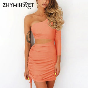 One Shoulder Single Long Sleeve Sexy Dress Ruched Waist Hollow Out Mini Dresses for Women Clubwear Party Chic Dress