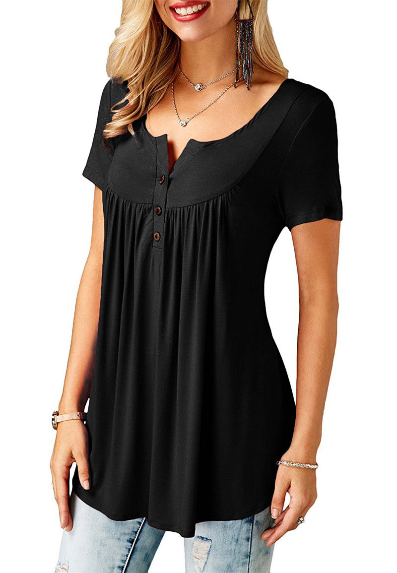 Women's Casual Short Sleeve Long Loose T-Shirts Buttons Pleated Tunic V-Neck Loose Tops