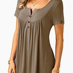 Women's Casual Short Sleeve Long Loose T-Shirts Buttons Pleated Tunic V-Neck Loose Tops