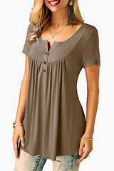Women's Casual Short Sleeve Long Loose T-Shirts Buttons Pleated Tunic V-Neck Loose Tops