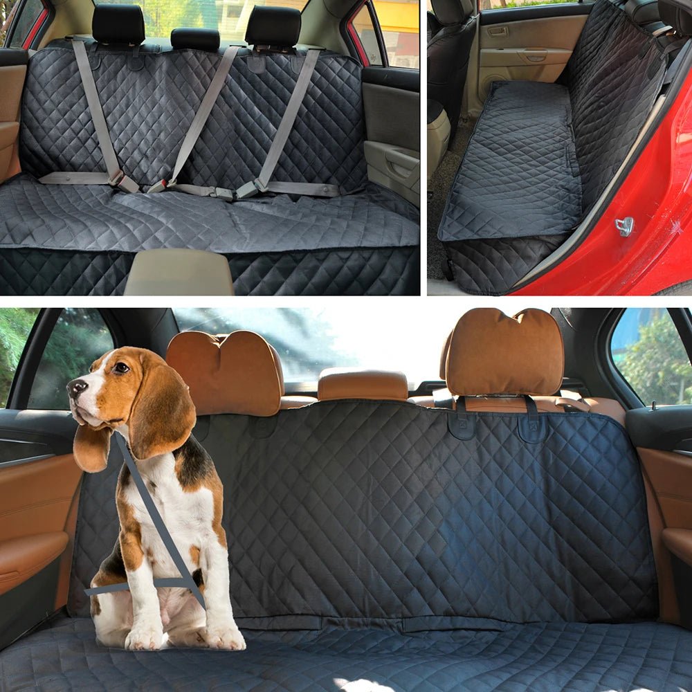 Car seat cover with a dog on a car seat, showing its use in a vehicle.