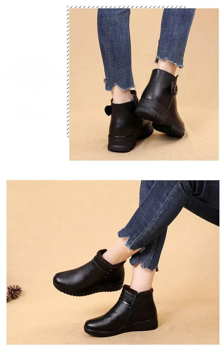 Women's Fashion Winter Boots Faux Leather Warm Ankle Boots Plush Wedge Boots with Warm Plush Lining