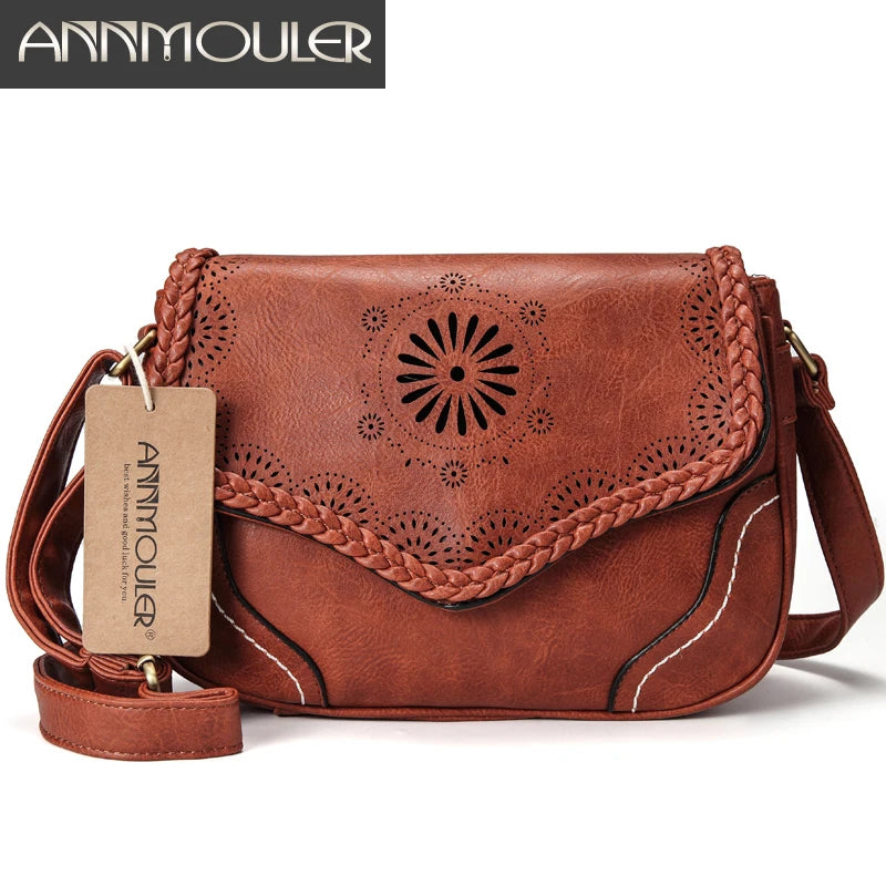 Shoulder Bag Vintage PU Leather Crossbody Bag Hollow Out Satchel Bag Brown Retro Handbag