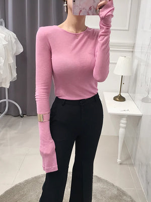 Sexy Thin Knit Sweater for Women Long Sleeve T-Shirt Slim Minimalist Stretchy Blouse Pullover Top