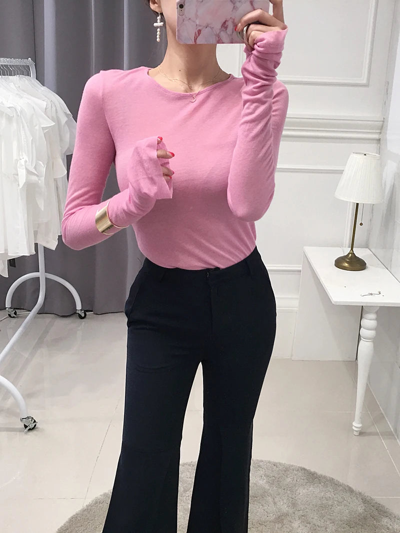 Sexy Thin Knit Sweater for Women Long Sleeve T-Shirt Slim Minimalist Stretchy Blouse Pullover Top