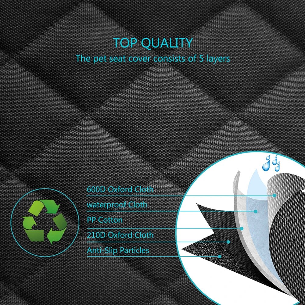 Black pet seat cover with material details and water resistance feature.
