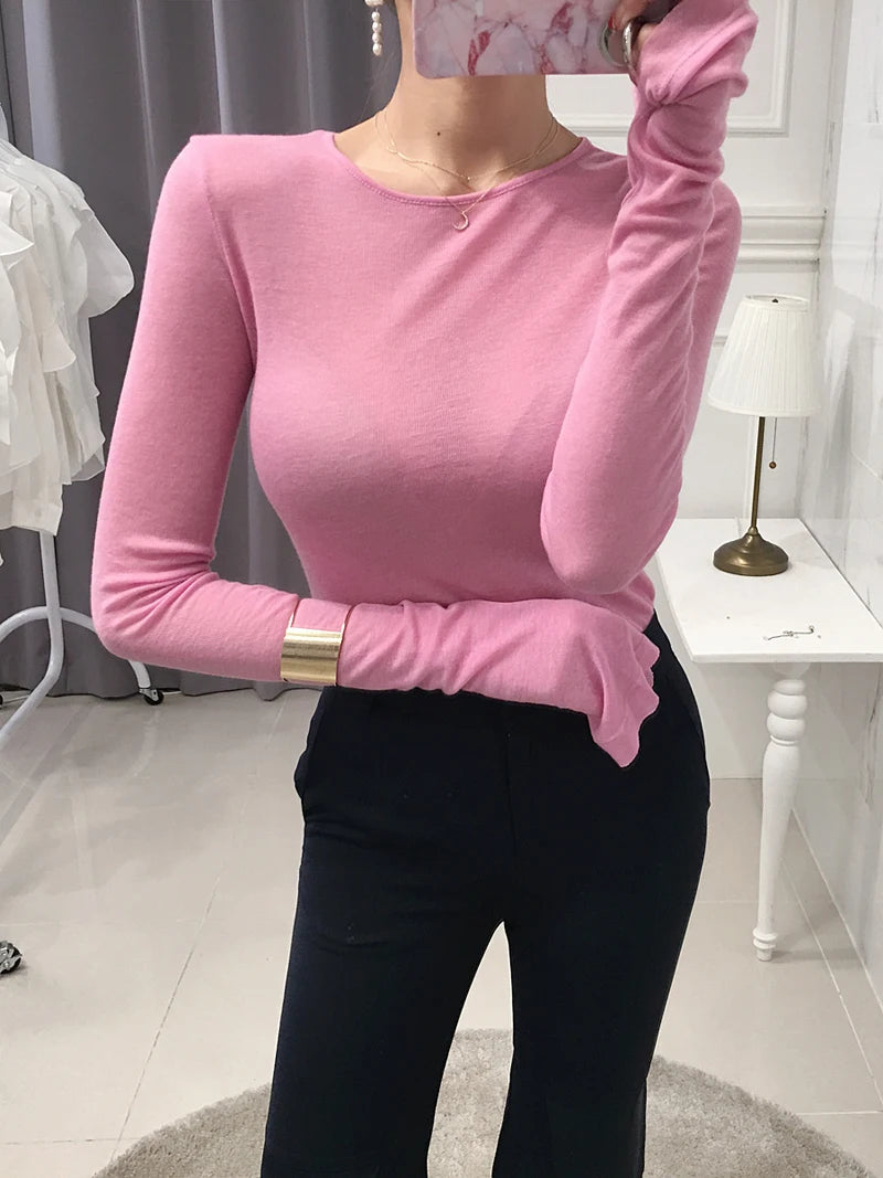 Sexy Thin Knit Sweater for Women Long Sleeve T-Shirt Slim Minimalist Stretchy Blouse Pullover Top