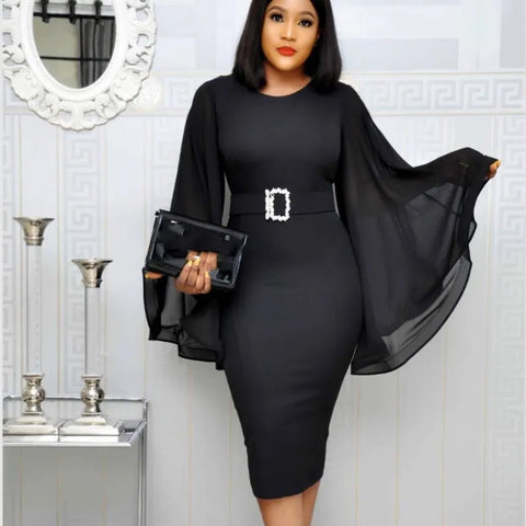 Midi Dress Women Elegant Chiffon Flare Sleeve Bodycon Belt Evening Cocktail Party Dress