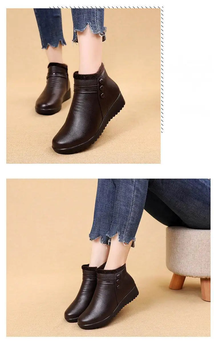 Women's Fashion Winter Boots Faux Leather Warm Ankle Boots Plush Wedge Boots with Warm Plush Lining