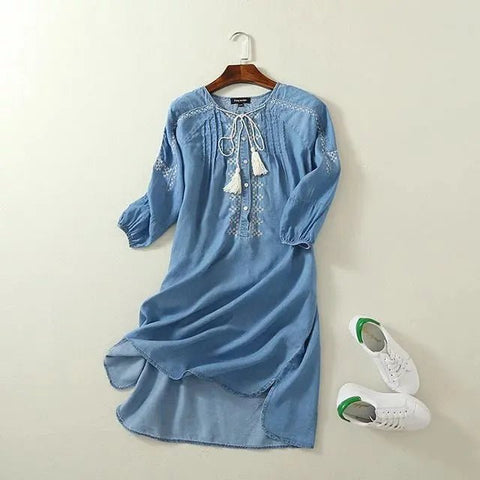 Denim Shirt Dress Women Embroidered Long Sleeve O-Neck Casual Jean Spring Fall Fashion Dress