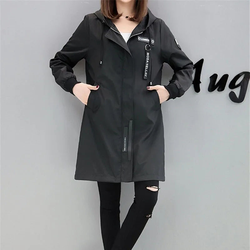 Women's Academia Trench Coat Spring Autumn with Hood Slim Students Clothes Windbreaker Coat