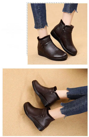 Women's Fashion Winter Boots Faux Leather Warm Ankle Boots Plush Wedge Boots with Warm Plush Lining