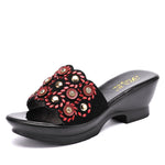 Women's Sandals Summer Shoes Wedges Rhinestone Embellished Genuine Leather Slides