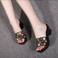 Women's Sandals Summer Shoes Wedges Rhinestone Embellished Genuine Leather Slides