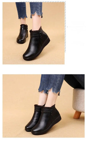 Women's Fashion Winter Boots Faux Leather Warm Ankle Boots Plush Wedge Boots with Warm Plush Lining