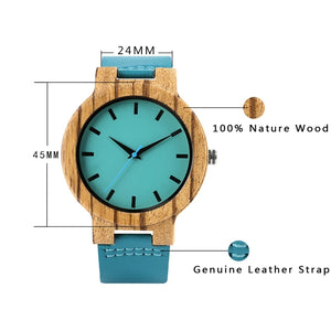 Luxurious Royal Blue Wooden Watch Quartz Wristwatch 100% Natural Bamboo Fashion Leather Band Makes great Gift