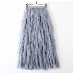 Women's Spring Summer Ruffled Tulle Skirt Elegant Tutu Midi Skirt