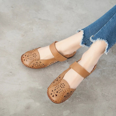 Sandals Women Genuine Leather Hollow Out Breathable Soft Flat Buckle Strap Casual Summer Shoes