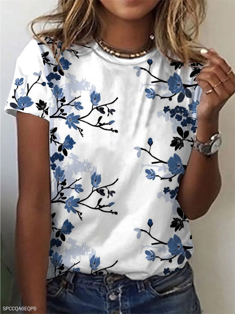 Women's Fashion Loose V-Neck Shirt Casual Print Design T-Shirt Short-Sleeve Top
