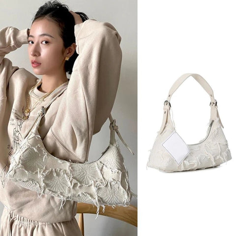 Baguette Bag Canvas Frayed Edge Mini Shoulder Bag Underarm Purse Small Handbag Clutch Women Casual