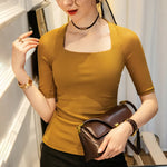 Women's Vintage Short Sleeve Top Square Collar T-shirt Stretchy Black Mesh Tops