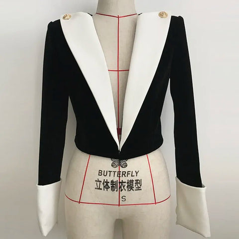 Blazer Women Gold Lion Button Patchwork Velvet Short Trendy Designer Inspired Chic Jacket