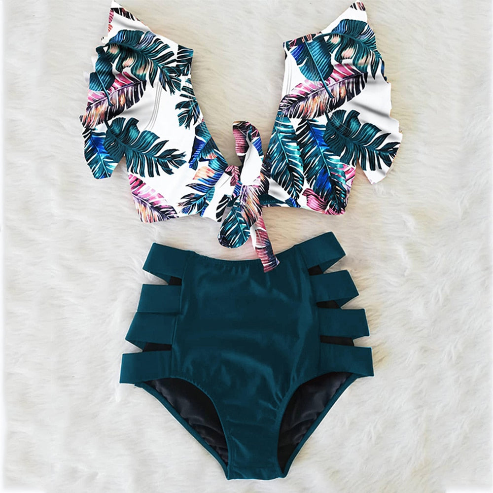Women's Bikini Set High Waist Ruffled 2 Piece Swimsuit Floral Print Swimwear