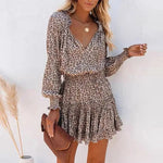 Mini Dress for Women Long Lantern Sleeves Vintage Leopard Print Casual V Neck Elastic waist Boho Dress