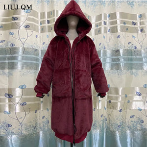 Oversized Winter Faux Fur Coat for Women Parka Long Warm Vegan Fur Jacket with Hoodie
